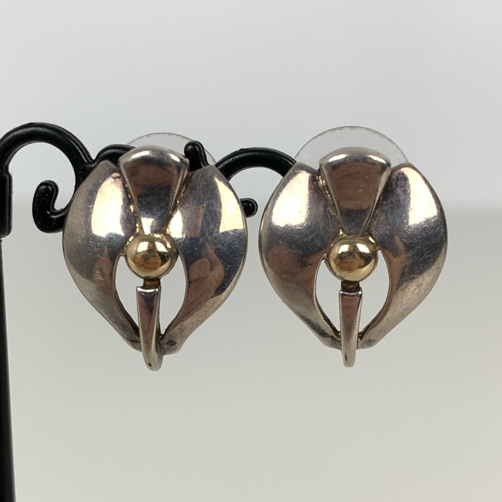 Sterling Silver 14K Gold Earrings Stamped 925 14k RPB Vtg Minimalist Art Deco